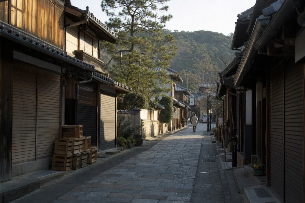 A quiet shopping street in Nara in early morning light with shutters still closed