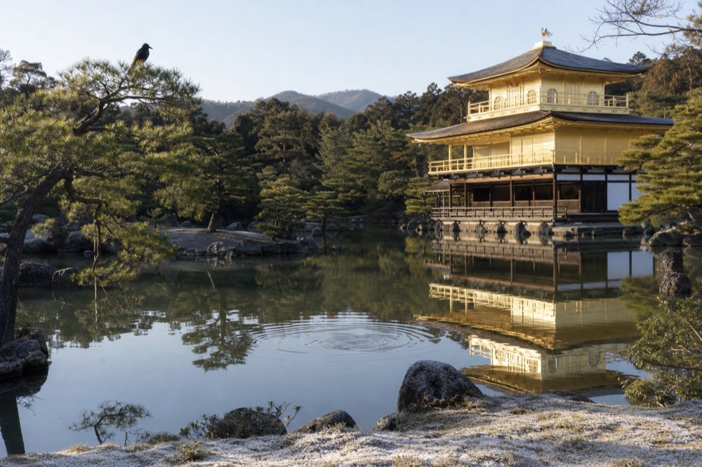 Golden pavilion of Kinkaku-ji reflected in the still Mirror Pond