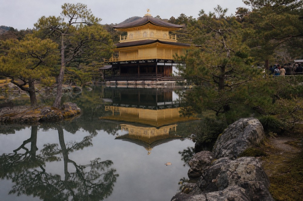 Golden pavilion of Kinkaku-ji reflected in the mirror pond with pines