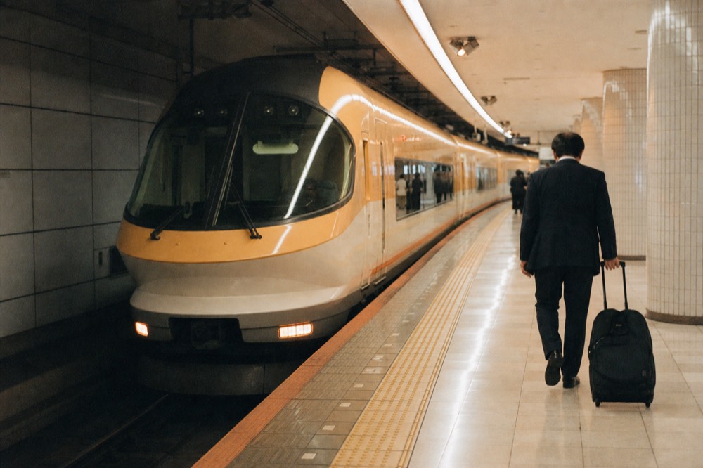 A Kintetsu limited express train pulling into Kintetsu Nara Station