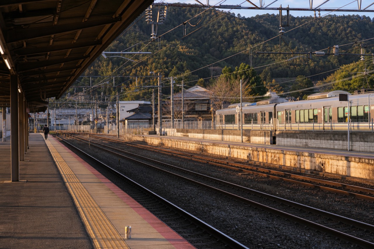 Train platform at Nara station with wooded hills in the distance