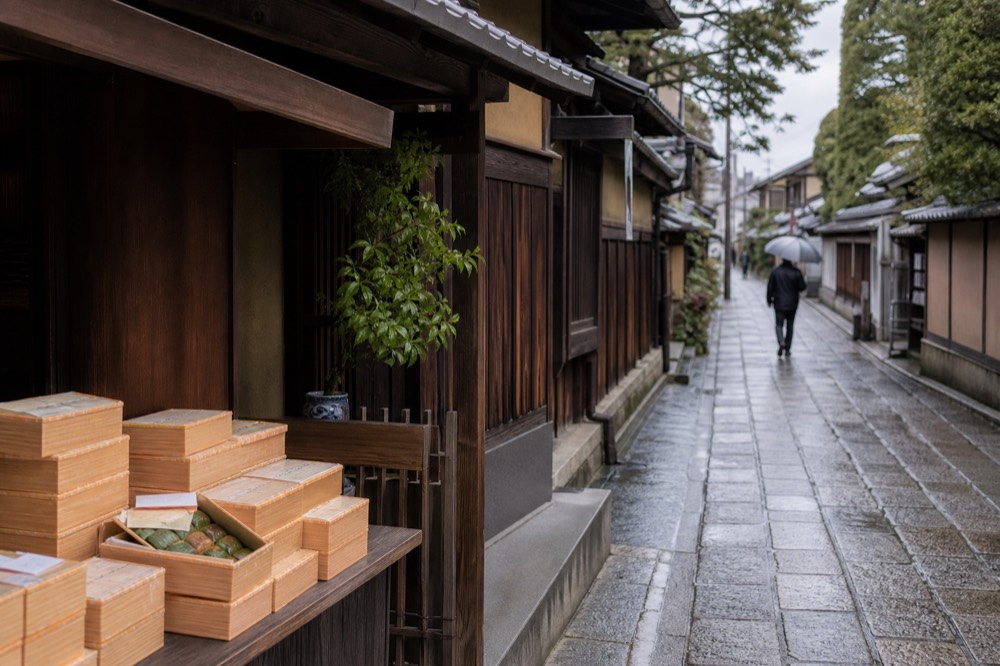 Boxes of persimmon-leaf sushi stacked in a wooden shop display