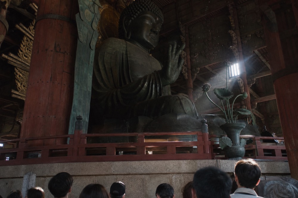 Interior of the Great Buddha Hall with a colossal seated bronze Buddha statue