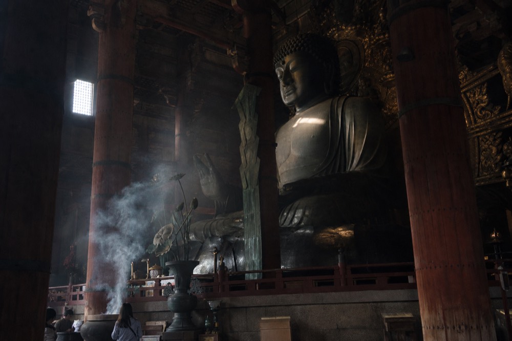 Bronze Great Buddha statue seated inside the Daibutsuden hall