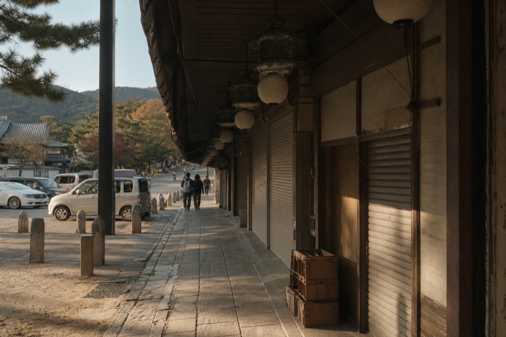 A covered shopping street with lanterns hanging over a pedestrian arcade