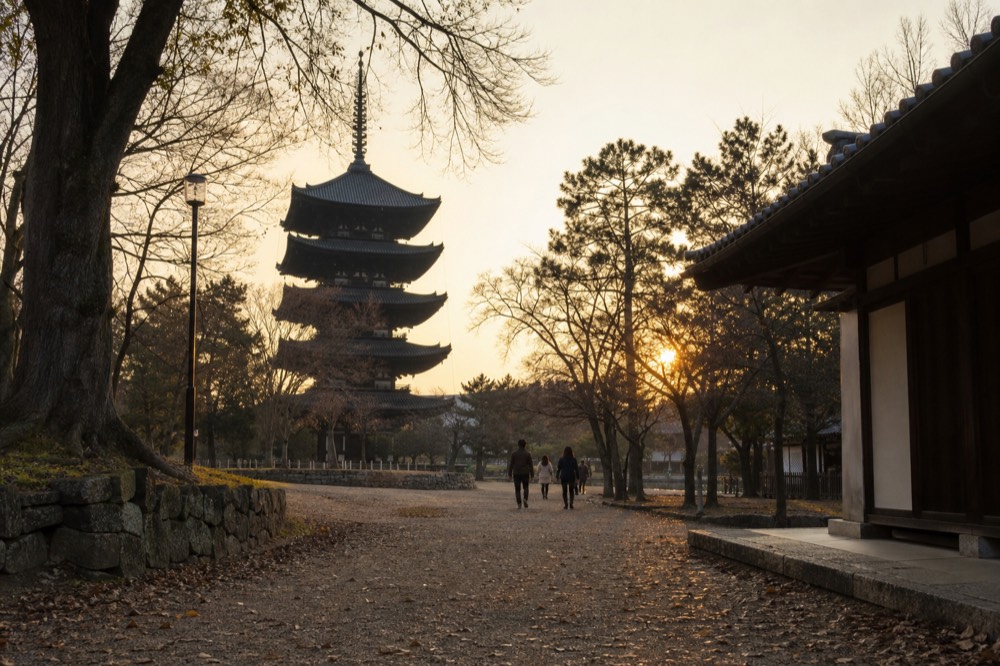 A pagoda silhouette among trees with warm late afternoon light
