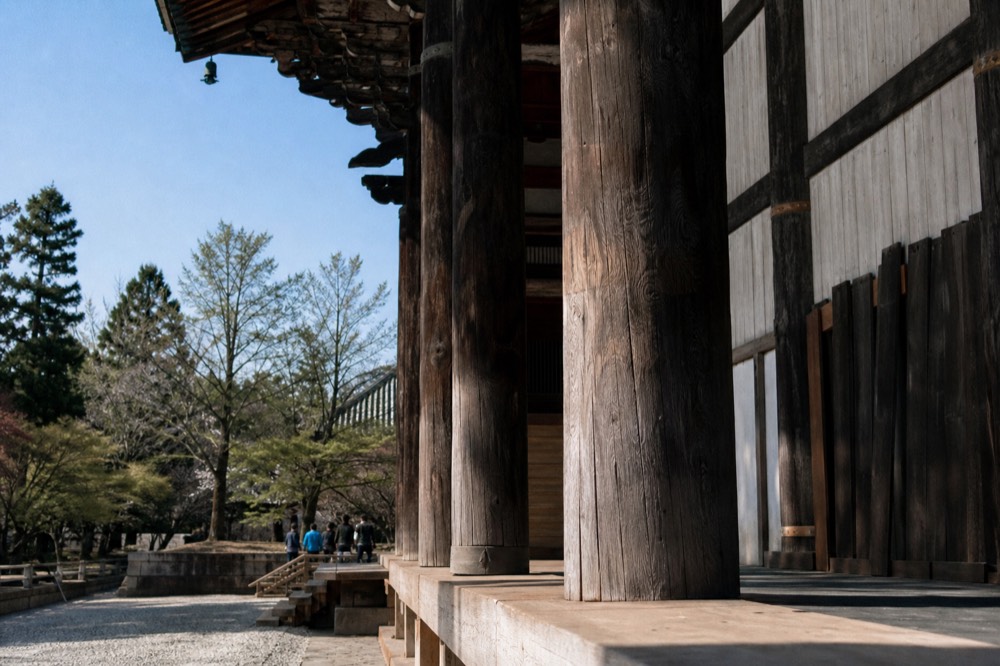 Massive wooden pillars supporting the eaves of the Great Buddha hall at Todai-ji