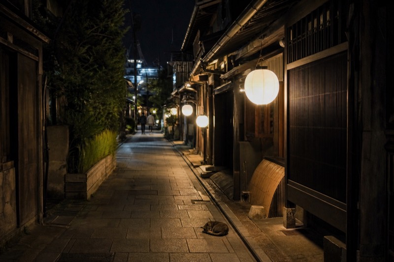 Lantern-lit Naramachi lane lined with traditional timber-fronted townhouses